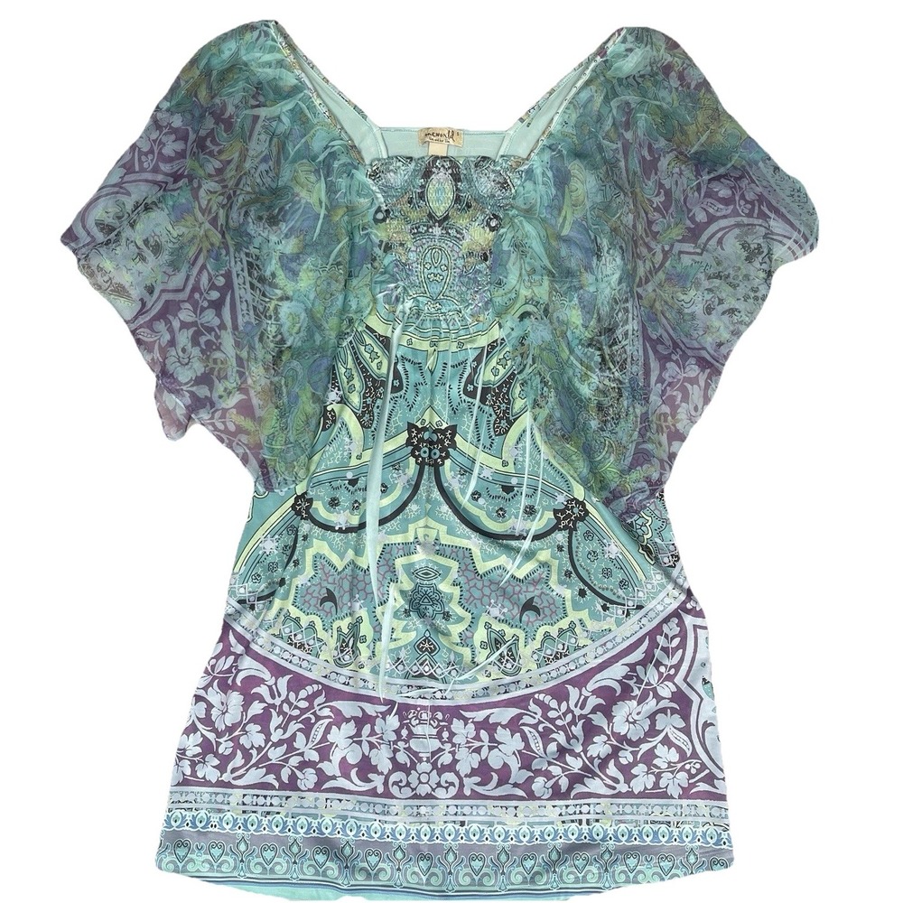One World Shirt Womens‎ S Blue Paisley Rhinestones Sheer Sleeve Butterfly Fairy